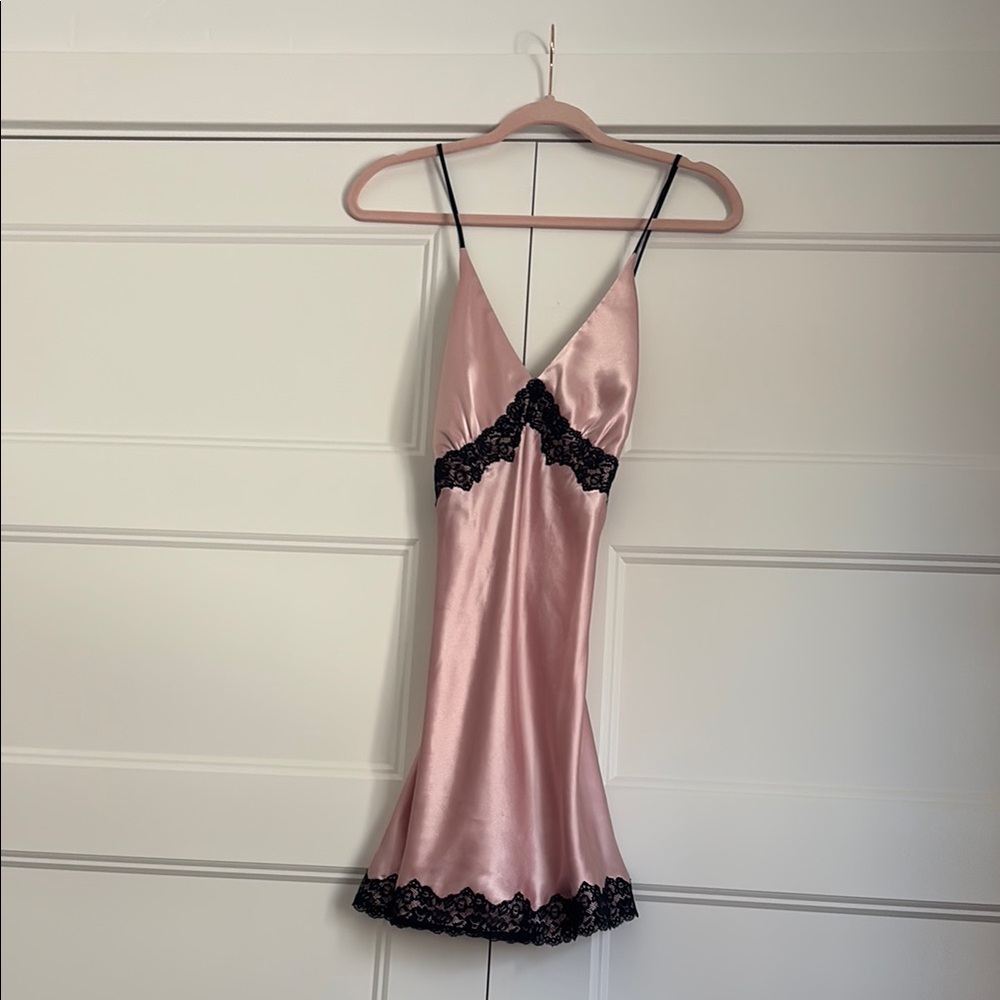 Elegant Pink Satin Nightgown with Black Lace Trim